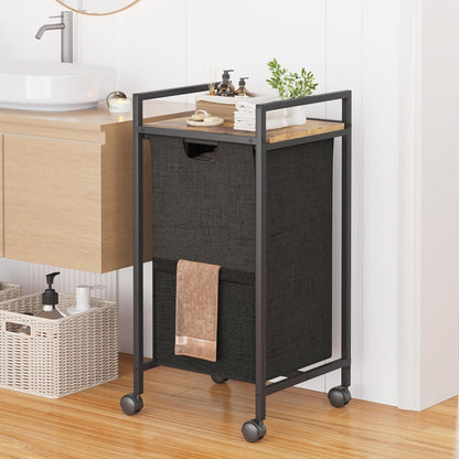 Double Compartment Laundry Basket, Laundry Sorter with Top Shelf, 2 Removable Washable Bags, Side Pockets, Black & White
