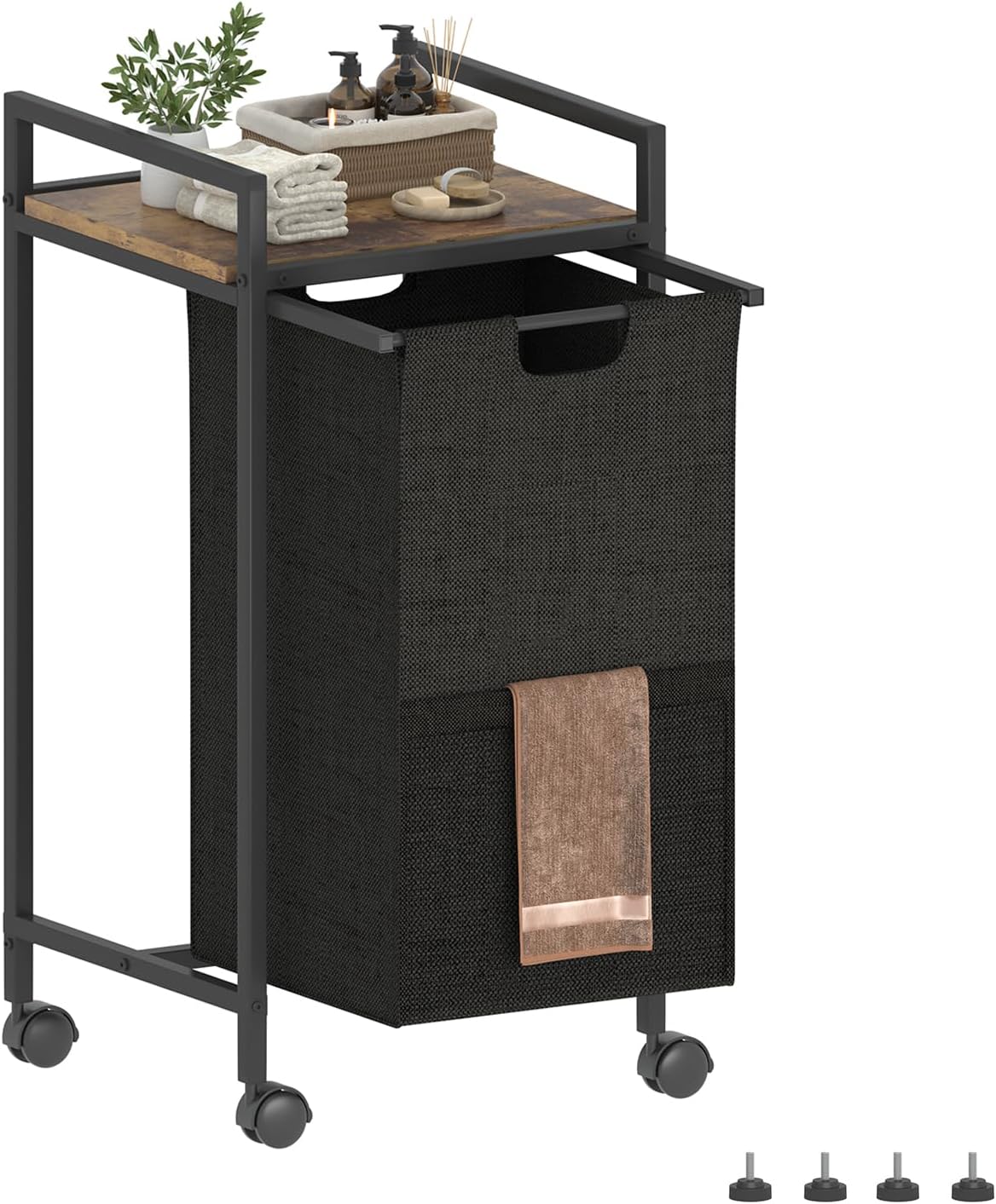 Double Compartment Laundry Basket, Laundry Sorter with Top Shelf, 2 Removable Washable Bags, Side Pockets, Black & White