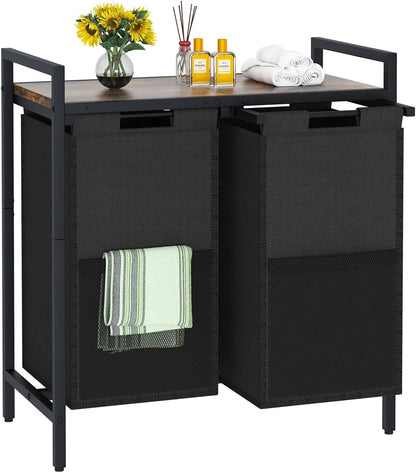 Double Compartment Laundry Basket, Laundry Sorter with Top Shelf, 2 Removable Washable Bags, Side Pockets, Black & White
