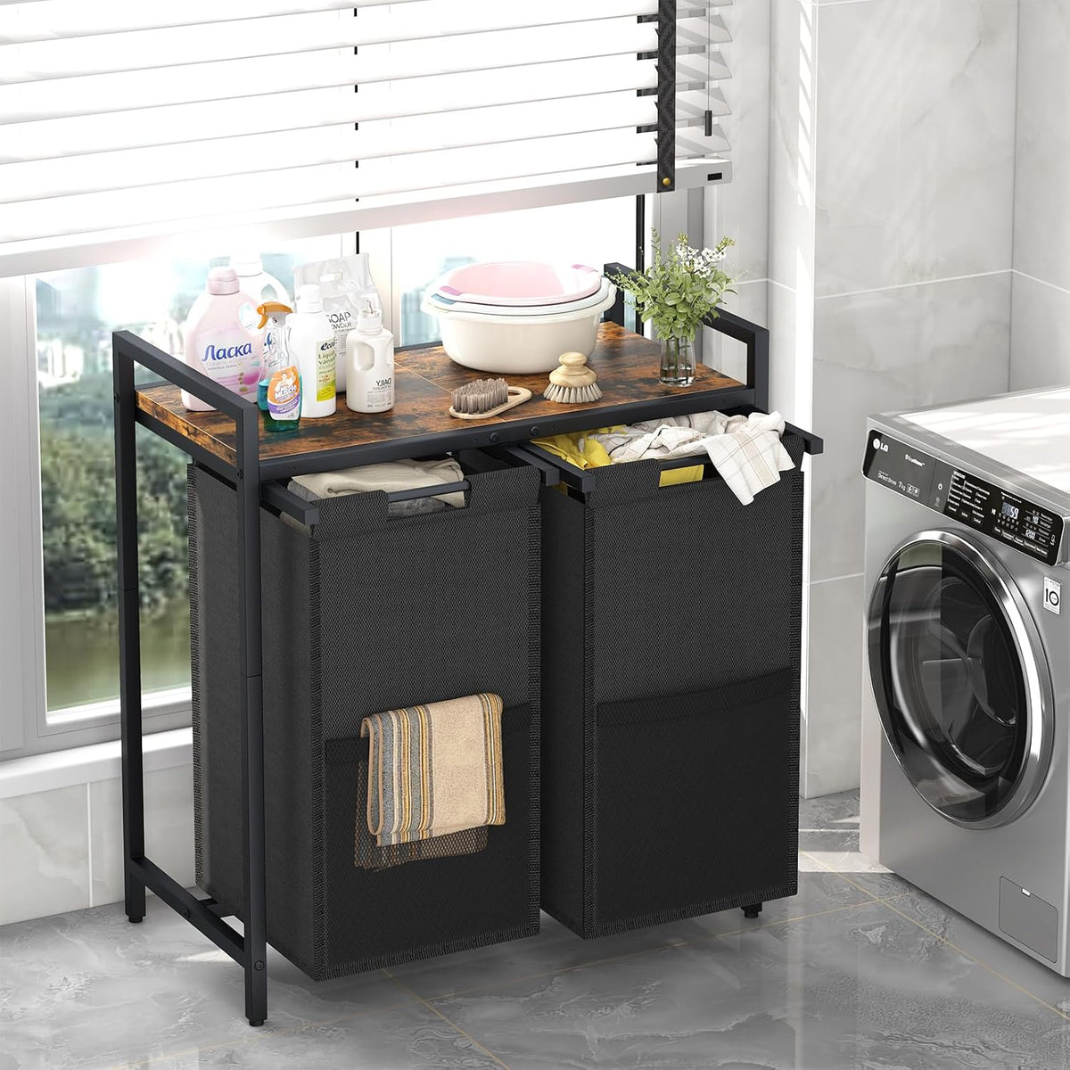 Double Compartment Laundry Basket, Laundry Sorter with Top Shelf, 2 Removable Washable Bags, Side Pockets, Black & White