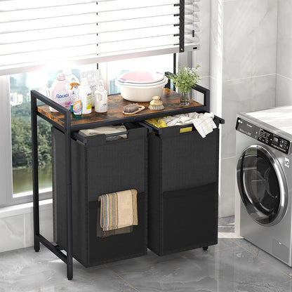 Double Compartment Laundry Basket, Laundry Sorter with Top Shelf, 2 Removable Washable Bags, Side Pockets, Black & White