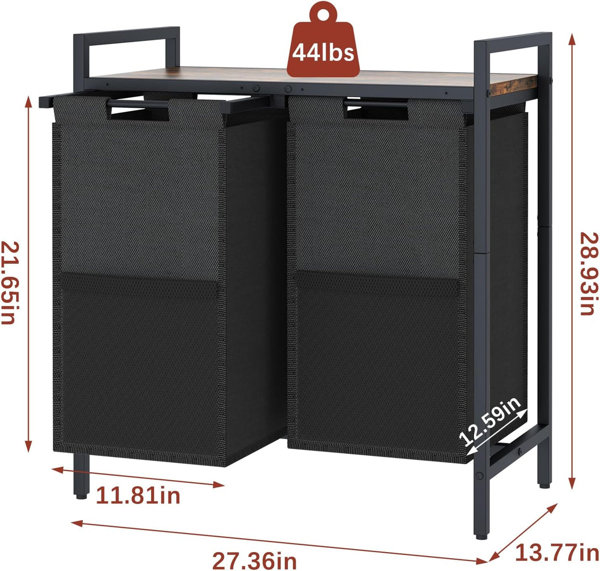 Double Compartment Laundry Basket, Laundry Sorter with Top Shelf, 2 Removable Washable Bags, Side Pockets, Black & White