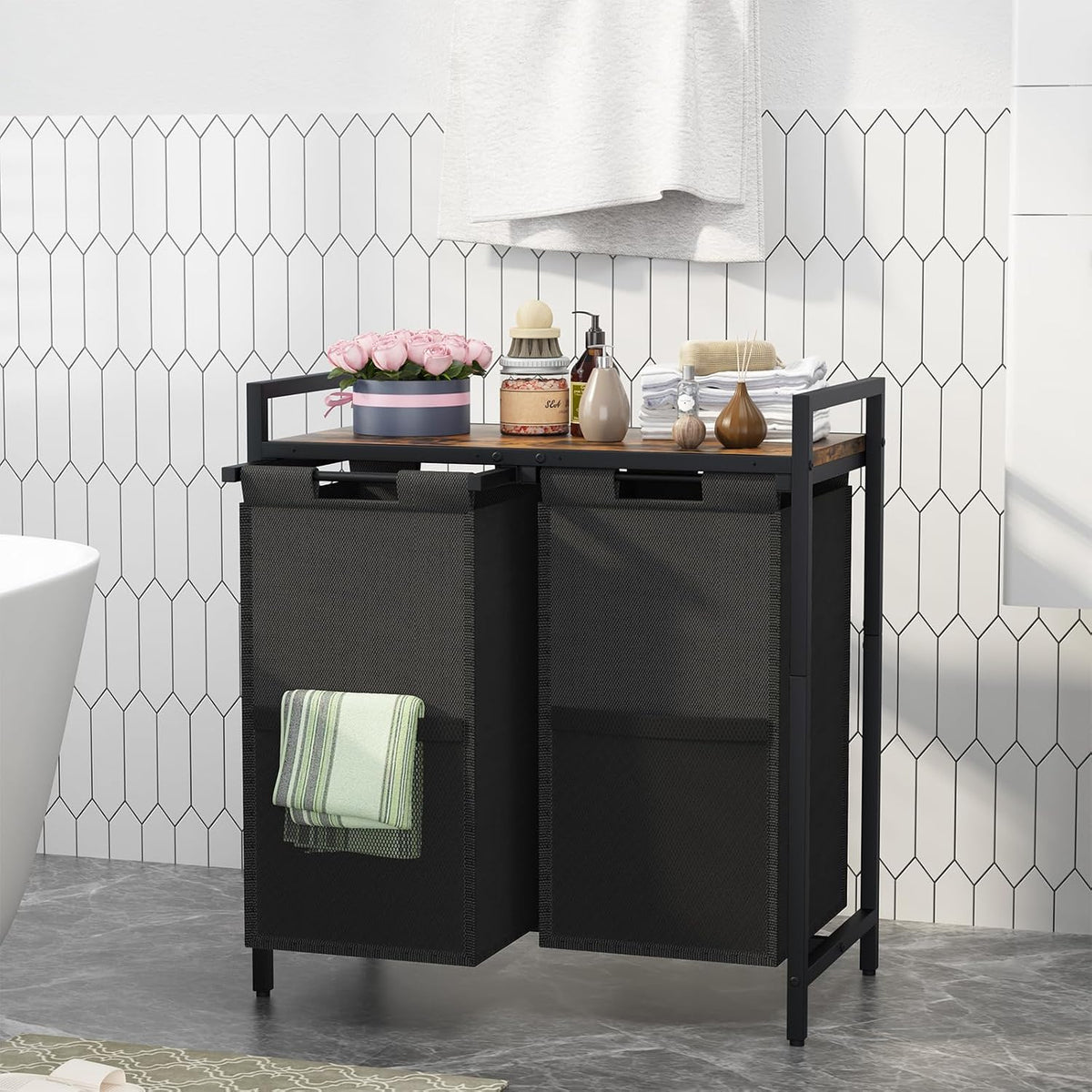Double Compartment Laundry Basket, Laundry Sorter with Top Shelf, 2 Removable Washable Bags, Side Pockets, Black & White