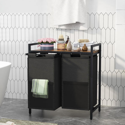 Double Compartment Laundry Basket, Laundry Sorter with Top Shelf, 2 Removable Washable Bags, Side Pockets, Black & White