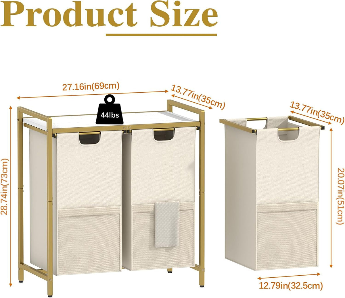 Double Compartment Laundry Basket, Laundry Sorter with Top Shelf, 2 Removable Washable Bags, Side Pockets, Black & White