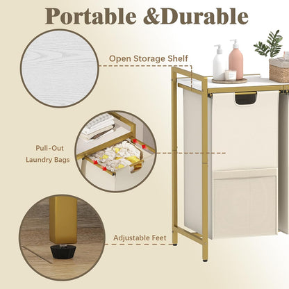 Double Compartment Laundry Basket, Laundry Sorter with Top Shelf, 2 Removable Washable Bags, Side Pockets, Black & White