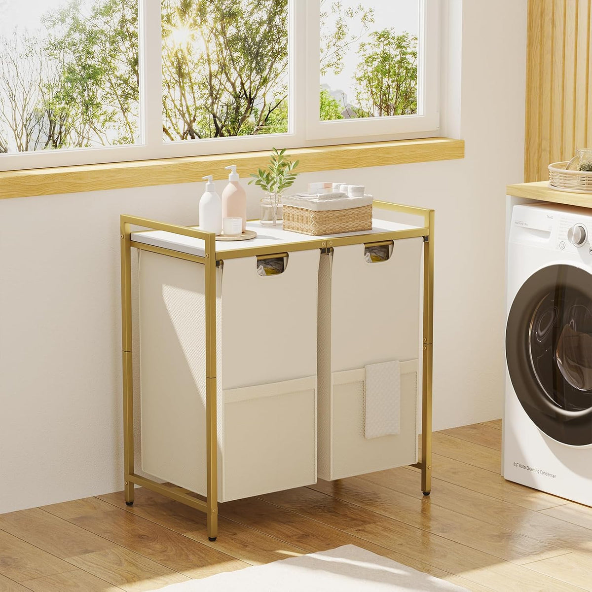 Double Compartment Laundry Basket, Laundry Sorter with Top Shelf, 2 Removable Washable Bags, Side Pockets, Black & White