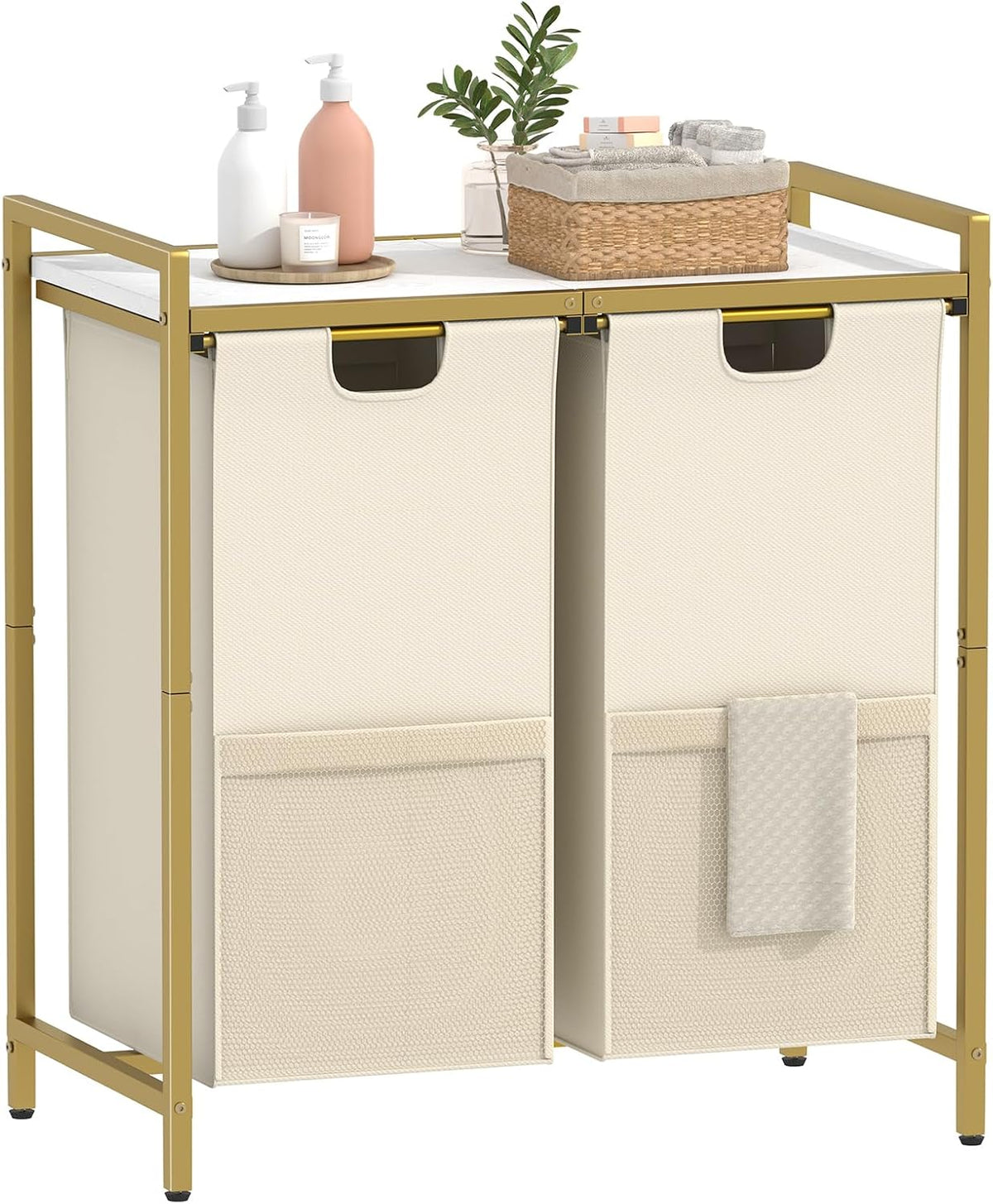 Double Compartment Laundry Basket, Laundry Sorter with Top Shelf, 2 Removable Washable Bags, Side Pockets, Black & White