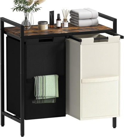 Double Compartment Laundry Basket, Laundry Sorter with Top Shelf, 2 Removable Washable Bags, Side Pockets, Black & White
