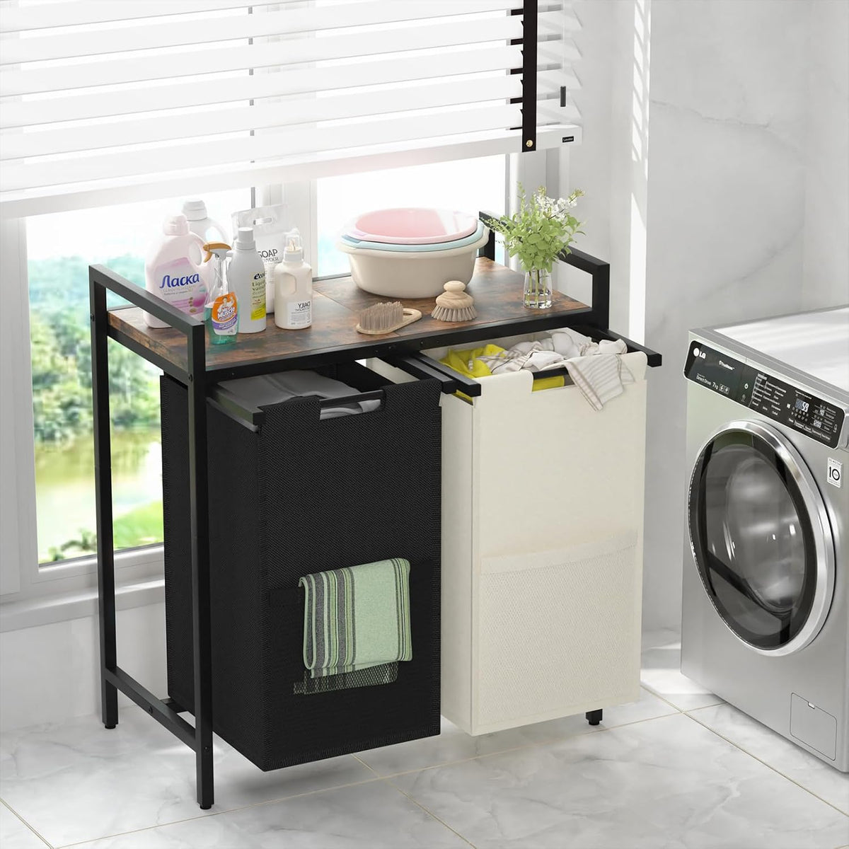 Double Compartment Laundry Basket, Laundry Sorter with Top Shelf, 2 Removable Washable Bags, Side Pockets, Black & White