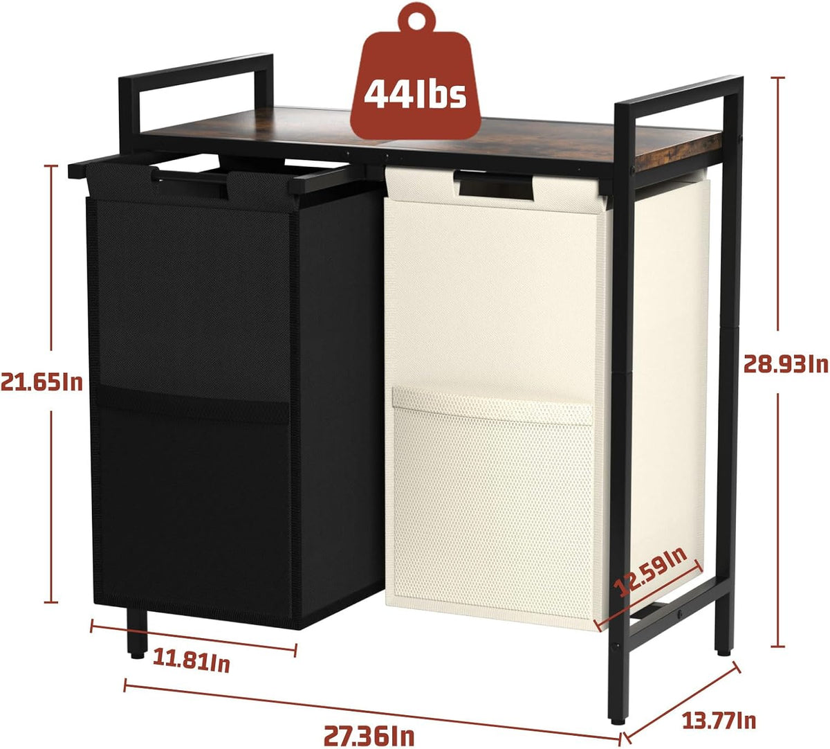 Double Compartment Laundry Basket, Laundry Sorter with Top Shelf, 2 Removable Washable Bags, Side Pockets, Black & White