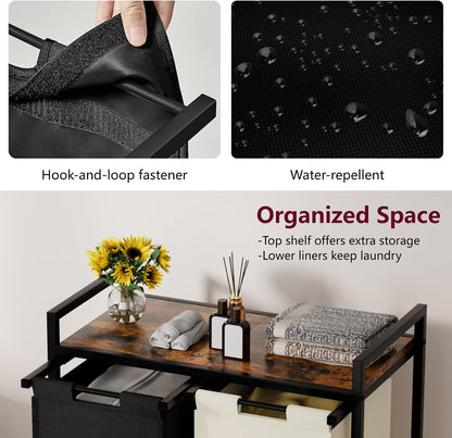 Double Compartment Laundry Basket, Laundry Sorter with Top Shelf, 2 Removable Washable Bags, Side Pockets, Black & White