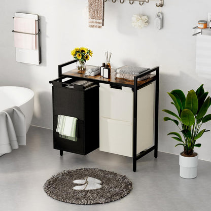 Double Compartment Laundry Basket, Laundry Sorter with Top Shelf, 2 Removable Washable Bags, Side Pockets, Black & White