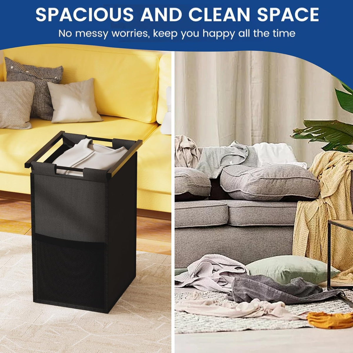 Double Compartment Laundry Basket, Laundry Sorter with Top Shelf, 2 Removable Washable Bags, Side Pockets, Black & White