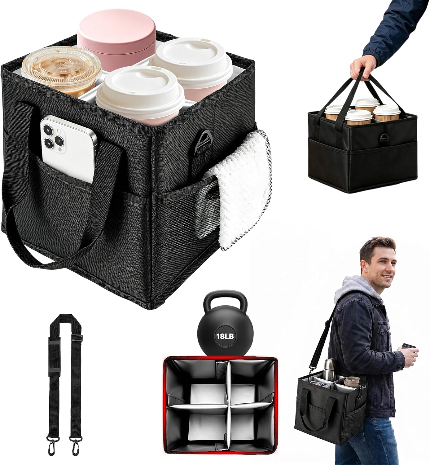 4 Compartment Reusable Drink Carrier Bag, Water Bottle Carrier Bag | Adjustable Dividers Drink Carrier with Handle, Drink Holder Bag for Car, Water Bottle Holder with Strap for Delivery, Travel