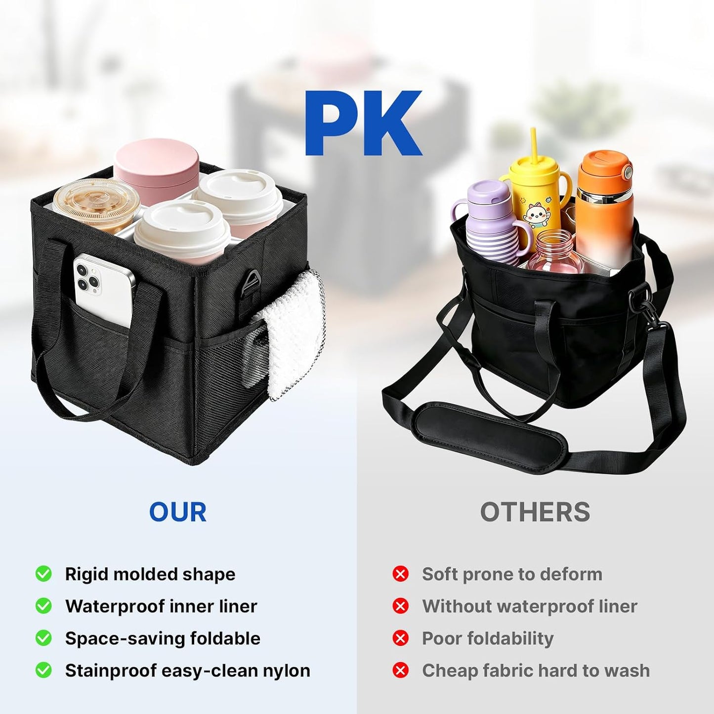 4 Compartment Reusable Drink Carrier Bag, Water Bottle Carrier Bag | Adjustable Dividers Drink Carrier with Handle, Drink Holder Bag for Car, Water Bottle Holder with Strap for Delivery, Travel