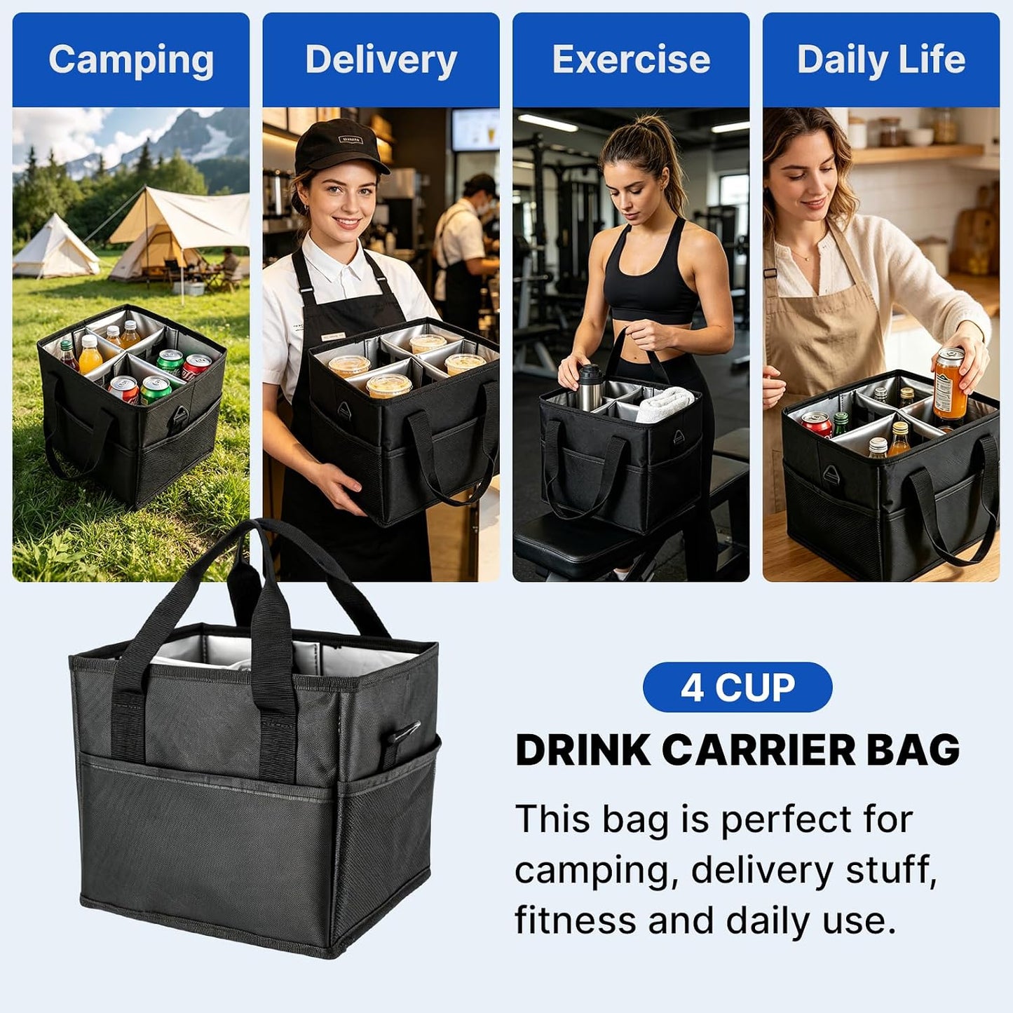 4 Compartment Reusable Drink Carrier Bag, Water Bottle Carrier Bag | Adjustable Dividers Drink Carrier with Handle, Drink Holder Bag for Car, Water Bottle Holder with Strap for Delivery, Travel