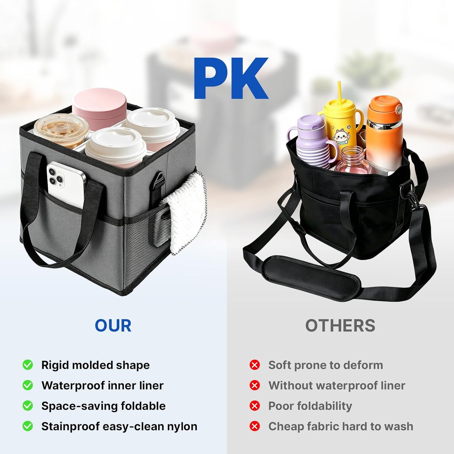 4 Compartment Reusable Drink Carrier Bag, Water Bottle Carrier Bag | Adjustable Dividers Drink Carrier with Handle, Drink Holder Bag for Car, Water Bottle Holder with Strap for Delivery, Travel