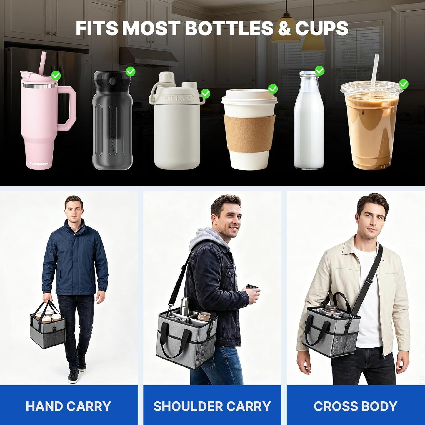 4 Compartment Reusable Drink Carrier Bag, Water Bottle Carrier Bag | Adjustable Dividers Drink Carrier with Handle, Drink Holder Bag for Car, Water Bottle Holder with Strap for Delivery, Travel