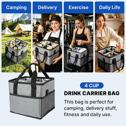 4 Compartment Reusable Drink Carrier Bag, Water Bottle Carrier Bag | Adjustable Dividers Drink Carrier with Handle, Drink Holder Bag for Car, Water Bottle Holder with Strap for Delivery, Travel