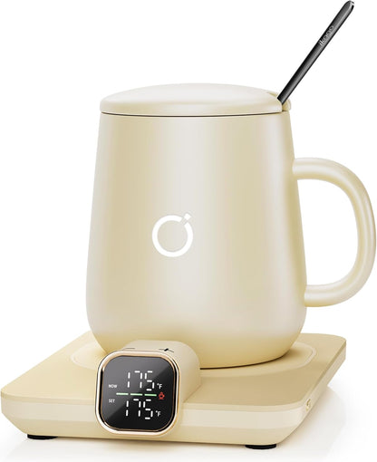 Coffee Cup Warmer & Mug Set, 1℉ Precise Temp Control Mug Warmer | Auto Shut Off, Infrared Sensor, Dual Temp Display, ℉/℃ Optional, 15oz Mug with Spoon & Lid Included, Gifts for Men Women