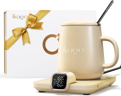 Coffee Cup Warmer & Mug Set, 1℉ Precise Temp Control Mug Warmer | Auto Shut Off, Infrared Sensor, Dual Temp Display, ℉/℃ Optional, 15oz Mug with Spoon & Lid Included, Gifts for Men Women