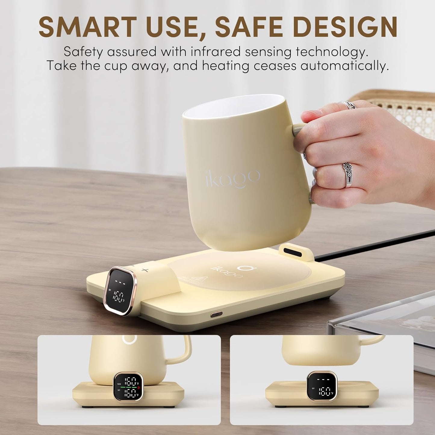 Coffee Cup Warmer & Mug Set, 1℉ Precise Temp Control Mug Warmer | Auto Shut Off, Infrared Sensor, Dual Temp Display, ℉/℃ Optional, 15oz Mug with Spoon & Lid Included, Gifts for Men Women