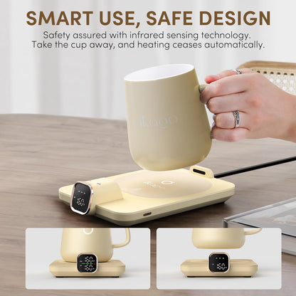 Coffee Cup Warmer & Mug Set, 1℉ Precise Temp Control Mug Warmer | Auto Shut Off, Infrared Sensor, Dual Temp Display, ℉/℃ Optional, 15oz Mug with Spoon & Lid Included, Gifts for Men Women