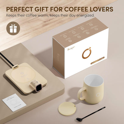 Coffee Cup Warmer & Mug Set, 1℉ Precise Temp Control Mug Warmer | Auto Shut Off, Infrared Sensor, Dual Temp Display, ℉/℃ Optional, 15oz Mug with Spoon & Lid Included, Gifts for Men Women