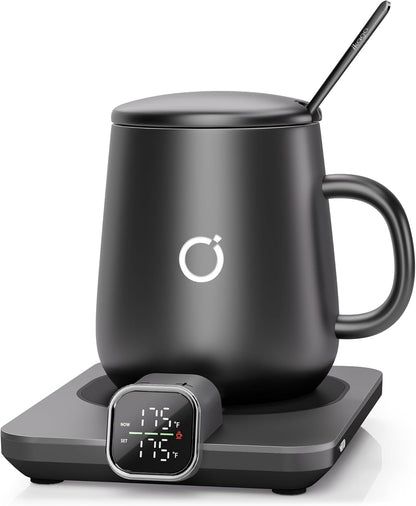 Coffee Cup Warmer & Mug Set, 1℉ Precise Temp Control Mug Warmer | Auto Shut Off, Infrared Sensor, Dual Temp Display, ℉/℃ Optional, 15oz Mug with Spoon & Lid Included, Gifts for Men Women