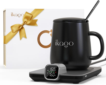 Coffee Cup Warmer & Mug Set, 1℉ Precise Temp Control Mug Warmer | Auto Shut Off, Infrared Sensor, Dual Temp Display, ℉/℃ Optional, 15oz Mug with Spoon & Lid Included, Gifts for Men Women