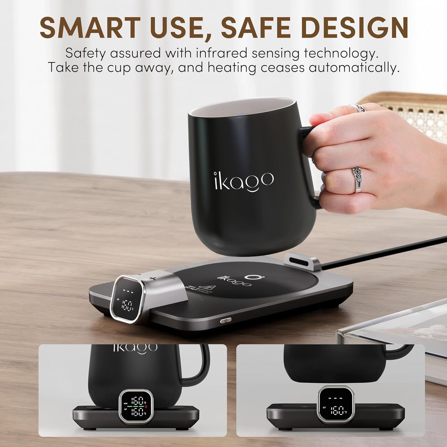 Coffee Cup Warmer & Mug Set, 1℉ Precise Temp Control Mug Warmer | Auto Shut Off, Infrared Sensor, Dual Temp Display, ℉/℃ Optional, 15oz Mug with Spoon & Lid Included, Gifts for Men Women