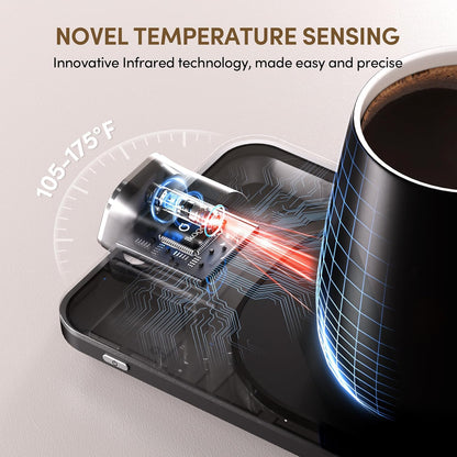 Coffee Cup Warmer & Mug Set, 1℉ Precise Temp Control Mug Warmer | Auto Shut Off, Infrared Sensor, Dual Temp Display, ℉/℃ Optional, 15oz Mug with Spoon & Lid Included, Gifts for Men Women
