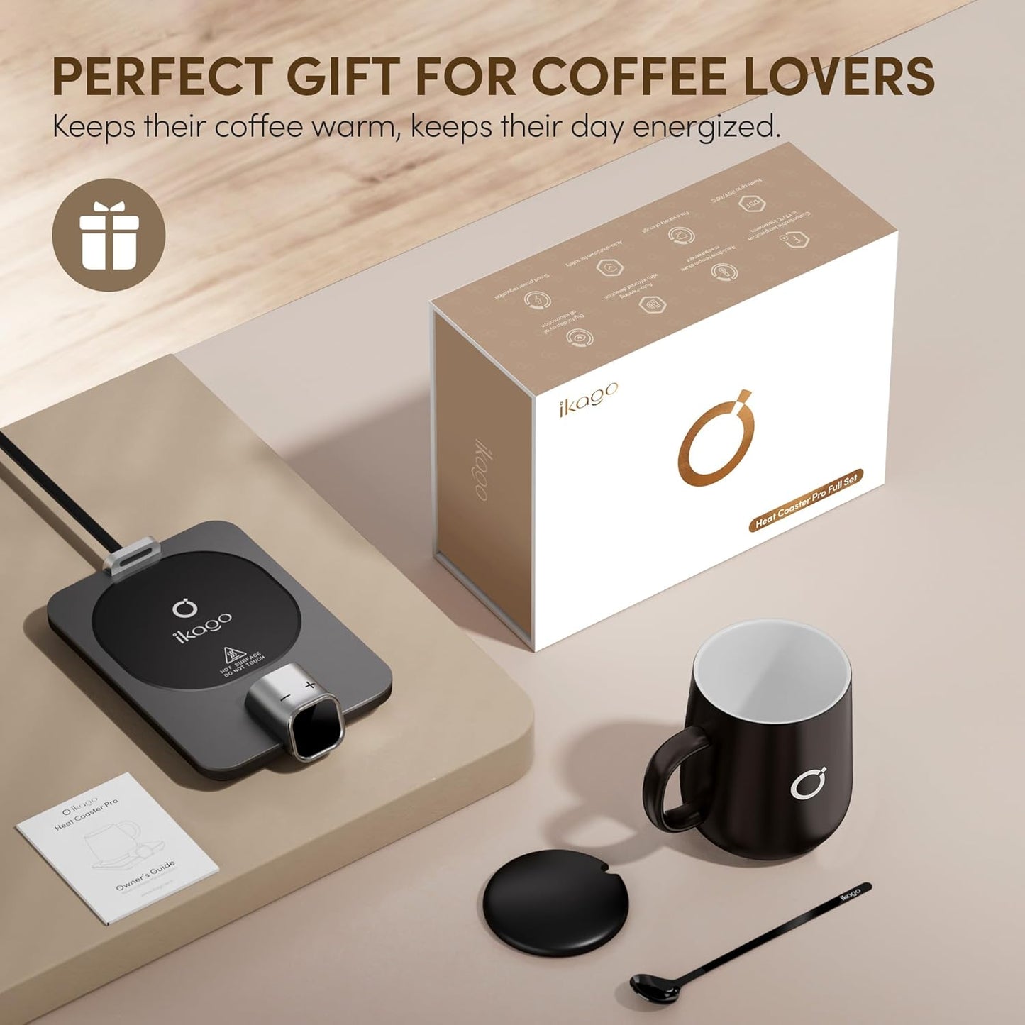 Coffee Cup Warmer & Mug Set, 1℉ Precise Temp Control Mug Warmer | Auto Shut Off, Infrared Sensor, Dual Temp Display, ℉/℃ Optional, 15oz Mug with Spoon & Lid Included, Gifts for Men Women