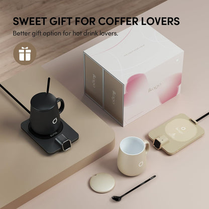 Coffee Cup Warmer & Mug Set, 1℉ Precise Temp Control Mug Warmer | Auto Shut Off, Infrared Sensor, Dual Temp Display, ℉/℃ Optional, 15oz Mug with Spoon & Lid Included, Gifts for Men Women