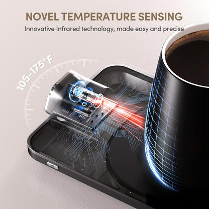 Coffee Cup Warmer & Mug Set, 1℉ Precise Temp Control Mug Warmer | Auto Shut Off, Infrared Sensor, Dual Temp Display, ℉/℃ Optional, 15oz Mug with Spoon & Lid Included, Gifts for Men Women