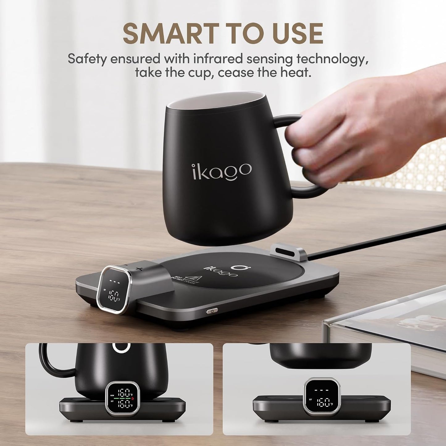 Coffee Cup Warmer & Mug Set, 1℉ Precise Temp Control Mug Warmer | Auto Shut Off, Infrared Sensor, Dual Temp Display, ℉/℃ Optional, 15oz Mug with Spoon & Lid Included, Gifts for Men Women