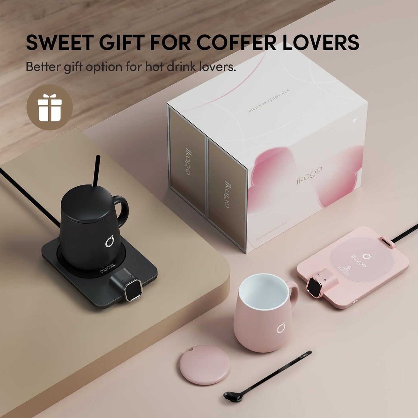 Coffee Cup Warmer & Mug Set, 1℉ Precise Temp Control Mug Warmer | Auto Shut Off, Infrared Sensor, Dual Temp Display, ℉/℃ Optional, 15oz Mug with Spoon & Lid Included, Gifts for Men Women