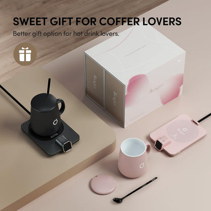 Coffee Cup Warmer & Mug Set, 1℉ Precise Temp Control Mug Warmer | Auto Shut Off, Infrared Sensor, Dual Temp Display, ℉/℃ Optional, 15oz Mug with Spoon & Lid Included, Gifts for Men Women