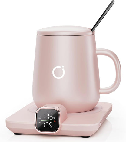Coffee Cup Warmer & Mug Set, 1℉ Precise Temp Control Mug Warmer | Auto Shut Off, Infrared Sensor, Dual Temp Display, ℉/℃ Optional, 15oz Mug with Spoon & Lid Included, Gifts for Men Women