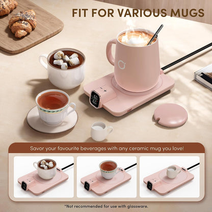 Coffee Cup Warmer & Mug Set, 1℉ Precise Temp Control Mug Warmer | Auto Shut Off, Infrared Sensor, Dual Temp Display, ℉/℃ Optional, 15oz Mug with Spoon & Lid Included, Gifts for Men Women