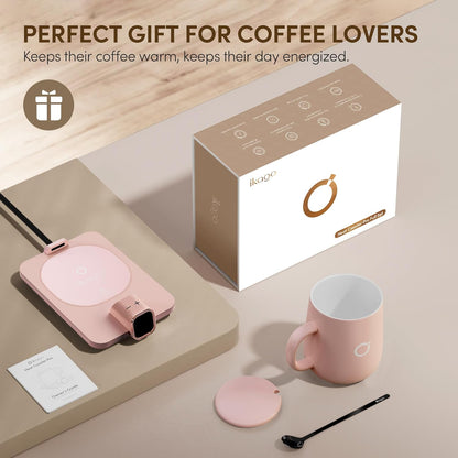 Coffee Cup Warmer & Mug Set, 1℉ Precise Temp Control Mug Warmer | Auto Shut Off, Infrared Sensor, Dual Temp Display, ℉/℃ Optional, 15oz Mug with Spoon & Lid Included, Gifts for Men Women