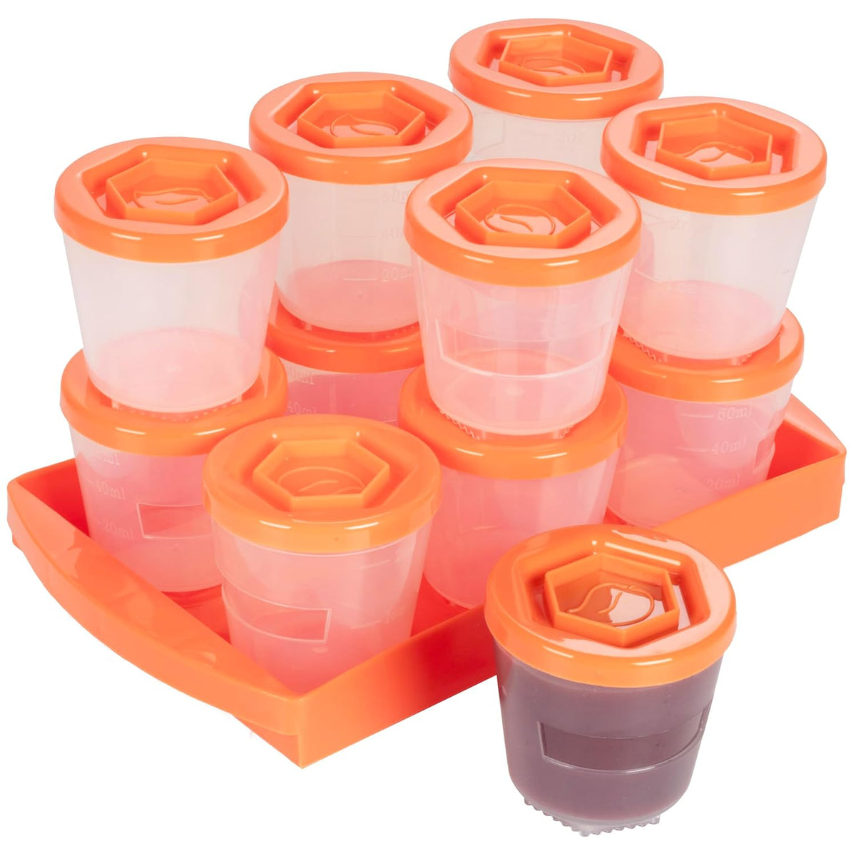 Baby Food Storage Containers (12 Pack) - 2oz Reusable, Stackable, Leakproof Plastic Jars with Tray & Dry-Erase Marker - Freezer, Microwave & Dishwasher Safe - BPA/PVC Free - Orange
