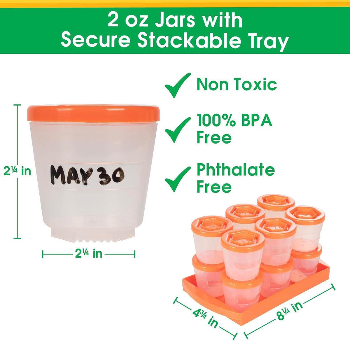 Baby Food Storage Containers (12 Pack) - 2oz Reusable, Stackable, Leakproof Plastic Jars with Tray & Dry-Erase Marker - Freezer, Microwave & Dishwasher Safe - BPA/PVC Free - Orange