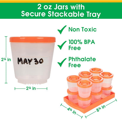Baby Food Storage Containers (12 Pack) - 2oz Reusable, Stackable, Leakproof Plastic Jars with Tray & Dry-Erase Marker - Freezer, Microwave & Dishwasher Safe - BPA/PVC Free - Orange