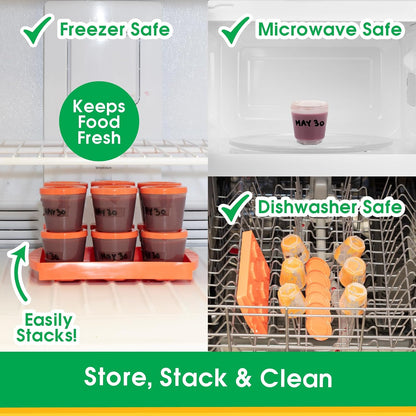 Baby Food Storage Containers (12 Pack) - 2oz Reusable, Stackable, Leakproof Plastic Jars with Tray & Dry-Erase Marker - Freezer, Microwave & Dishwasher Safe - BPA/PVC Free - Orange