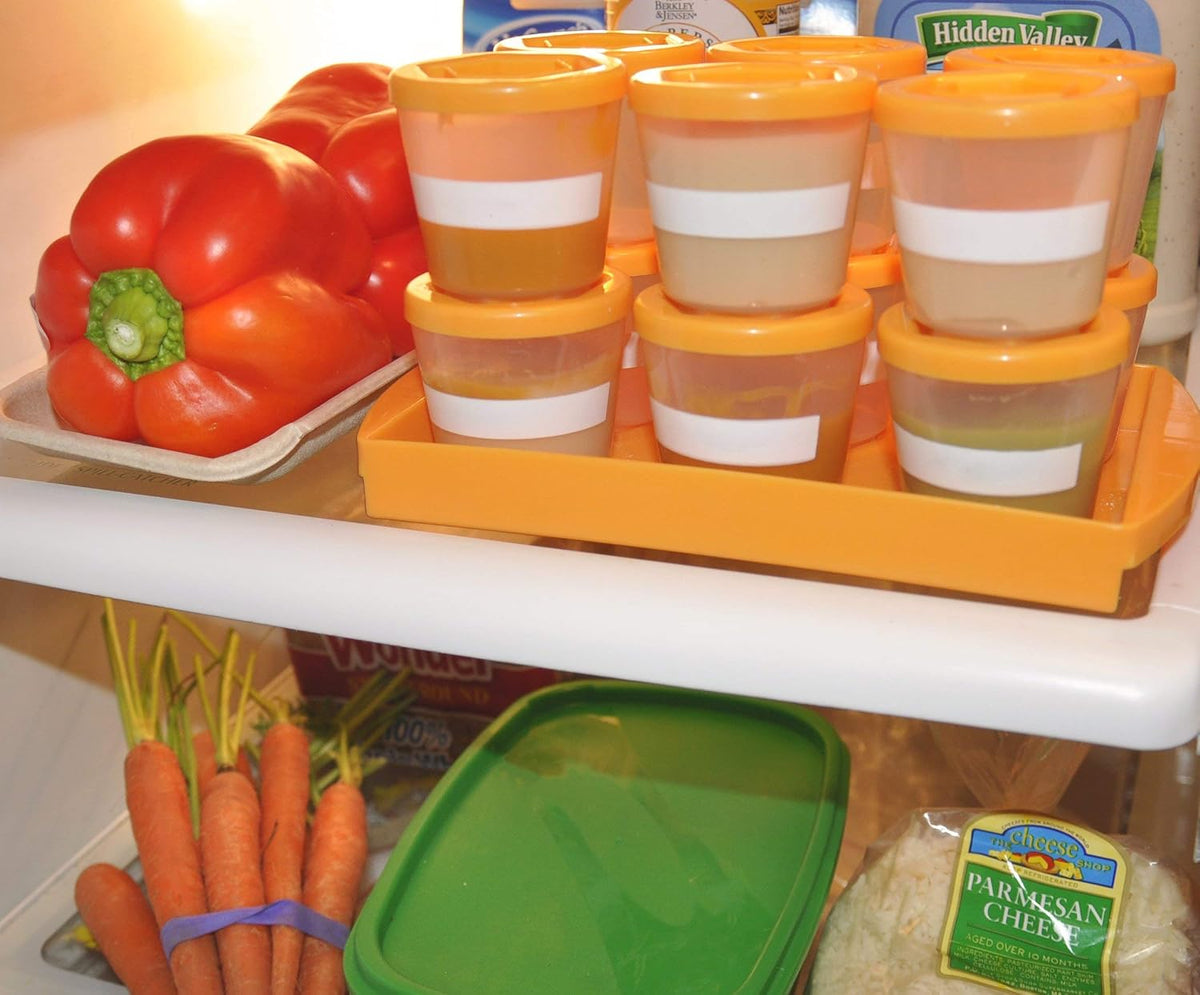 Baby Food Storage Containers (12 Pack) - 2oz Reusable, Stackable, Leakproof Plastic Jars with Tray & Dry-Erase Marker - Freezer, Microwave & Dishwasher Safe - BPA/PVC Free - Orange