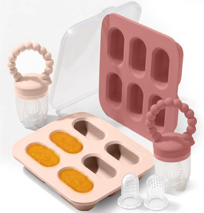 Silicone Baby Fruit Feeders with Freezer Tray for Batch Prep, Set of 2 – Safe & Convenient, Includes Extra Pouches & Travel Lids, Dishwasher Safe