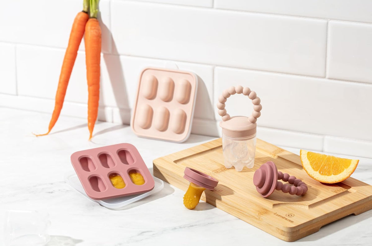 Silicone Baby Fruit Feeders with Freezer Tray for Batch Prep, Set of 2 – Safe & Convenient, Includes Extra Pouches & Travel Lids, Dishwasher Safe