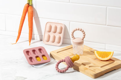 Silicone Baby Fruit Feeders with Freezer Tray for Batch Prep, Set of 2 – Safe & Convenient, Includes Extra Pouches & Travel Lids, Dishwasher Safe